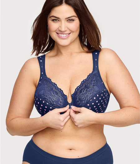 WonderWire Front-Close Bra: Navy Print