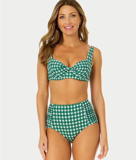 Gingham High-Waist Shirred Control Bikini Bottom