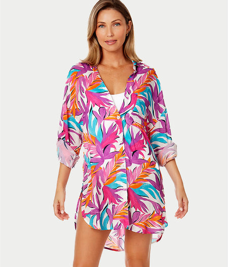 Dance Floor Palm Button-Down Cover-Up