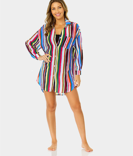 Easy Breezy Stripe Boyfriend Button-Down Cover-Up