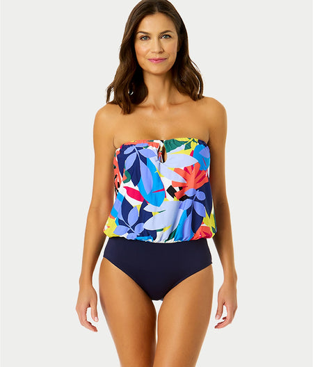 Tropic Stamp Strapless Blouson One-Piece