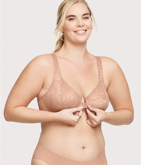 WonderWire Front-Close Stretch Lace Bra: Cappuccino