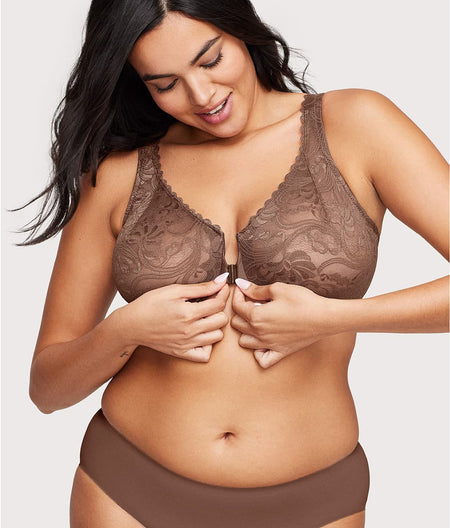 WonderWire Front-Close Stretch Lace Bra: Mocha