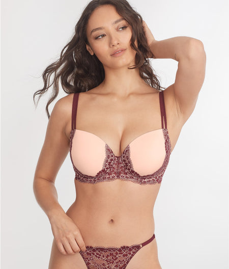 Lightly Lined Demi Bra: Maroon/Barely There