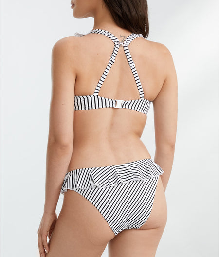 Jewel Cove Ruffled Bikini Top: Black / White Stripe