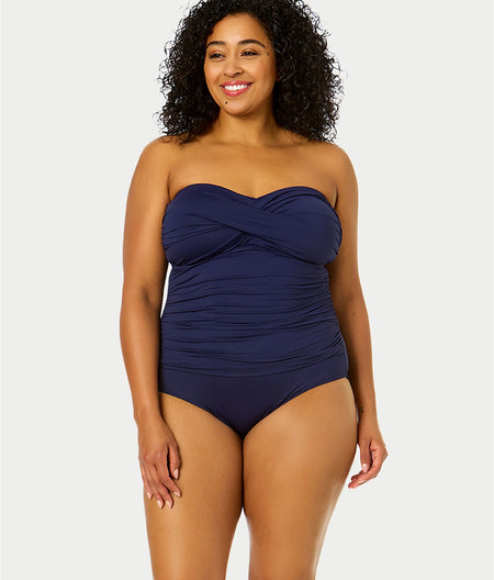 Plus Size Twist Front Shirred Bandeau One-Piece