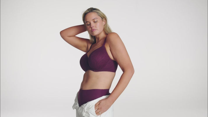 A woman modeling various matching bra and panty sets in front of a white background