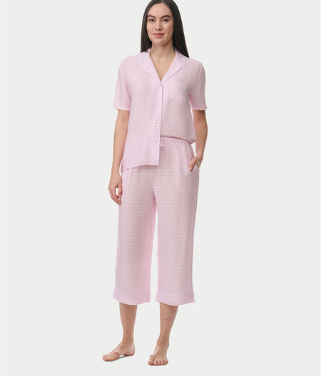 Notch Collar Woven Capri Pajama Set