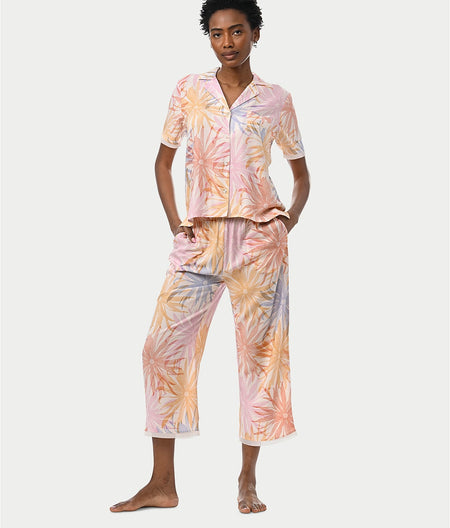 Notch Collar Woven Capri Pajama Set