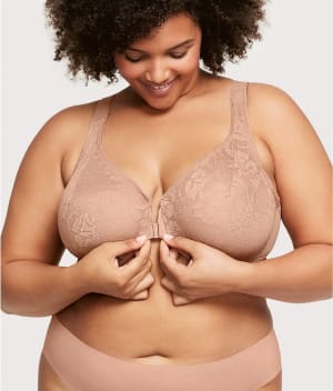 WonderWire Lacey T-Back Front-Close Bra: undefined