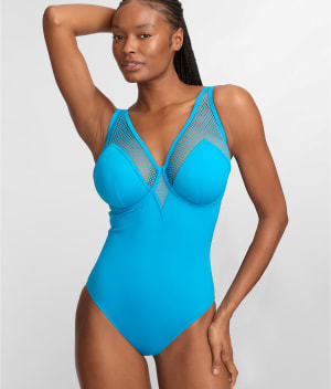 The Slimming Underwire Mesh Plunge One-Piece: undefined