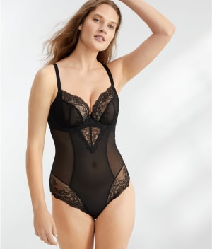 Ana Plunge Lace Side Support Bodysuit: undefined