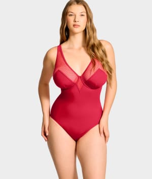 The Slimming Underwire Mesh Plunge One-Piece: undefined