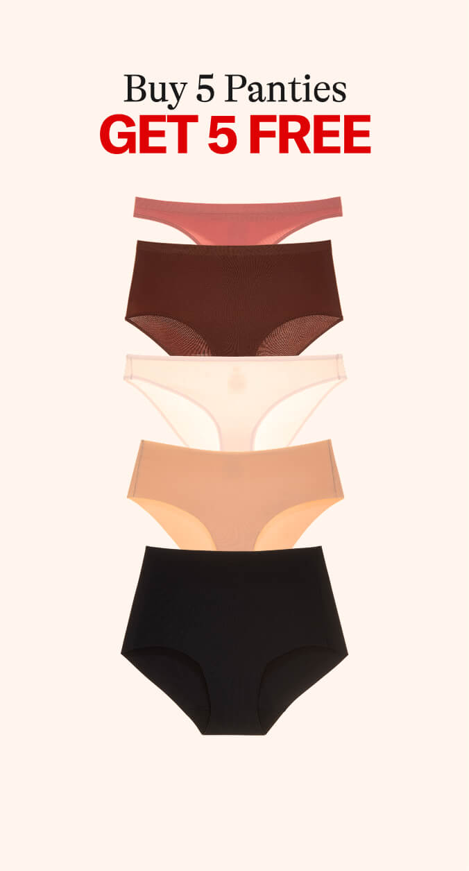 Four pairs of panties in different colors on a white background with promotional text reading Buy 5 Panties Get 5 Free
