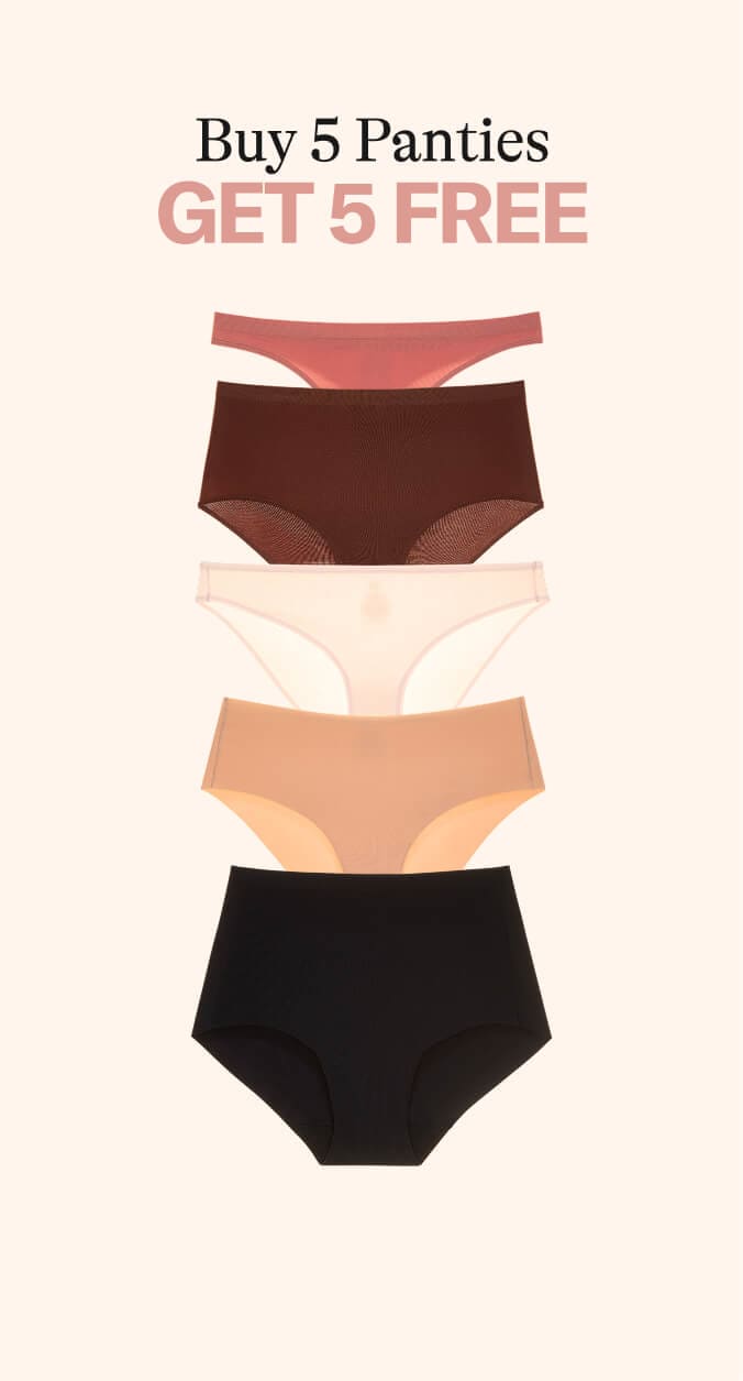 Four pairs of panties in different colors on a white background with promotional text reading Buy 5 Panties Get 5 Free